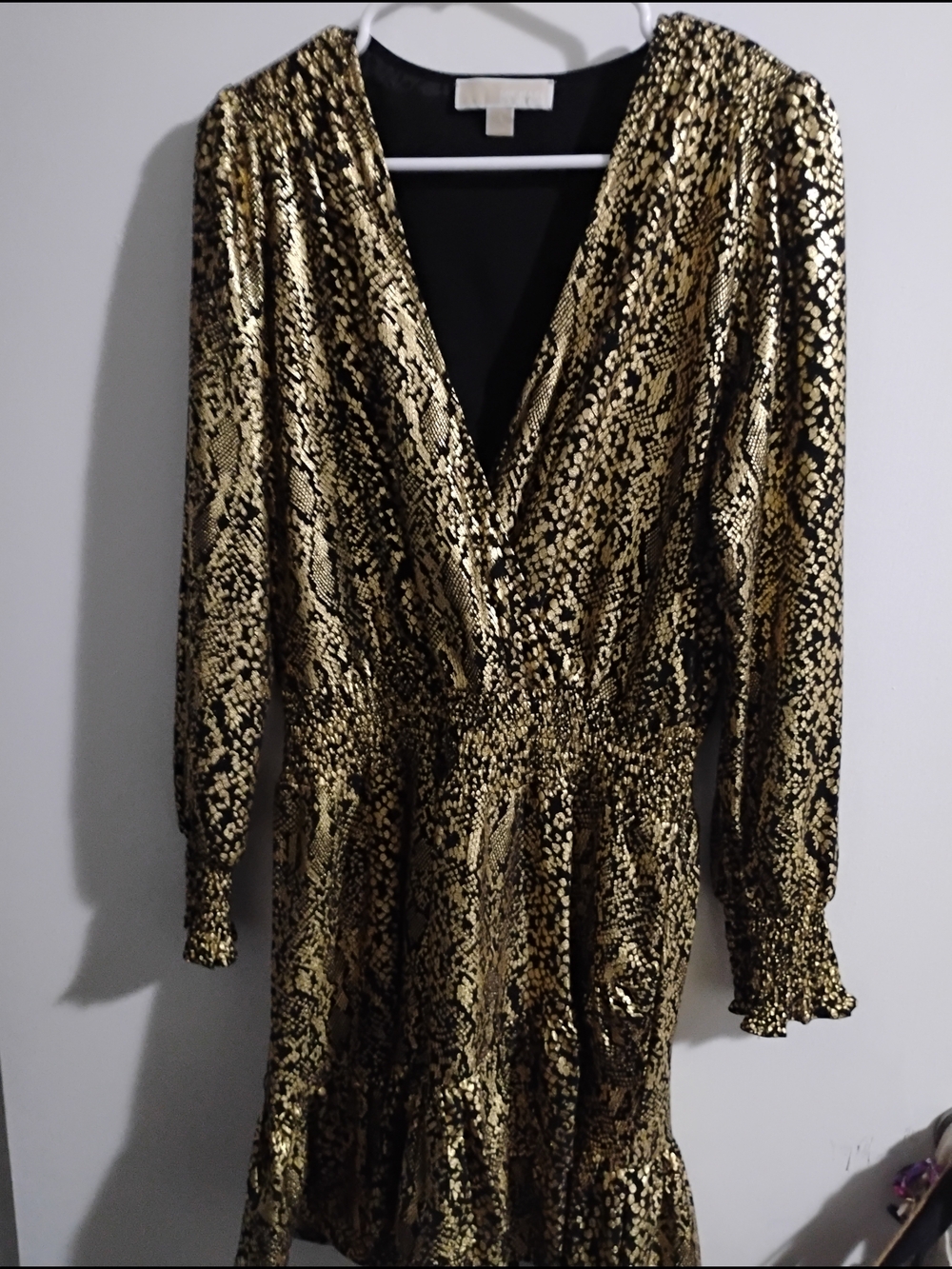 Michael Kors Metallic Gold and Black Snake-Print Long Sleeve Dress